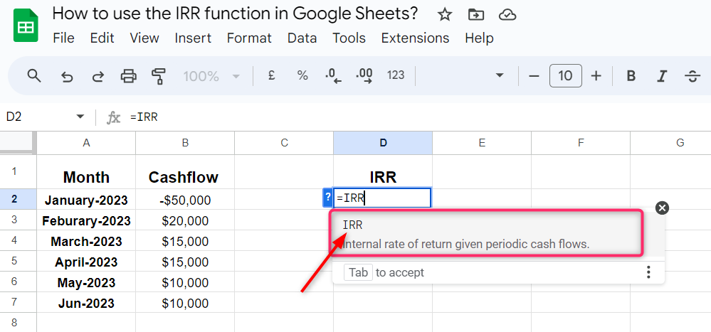 How to use the IRR function in Google Sheets?