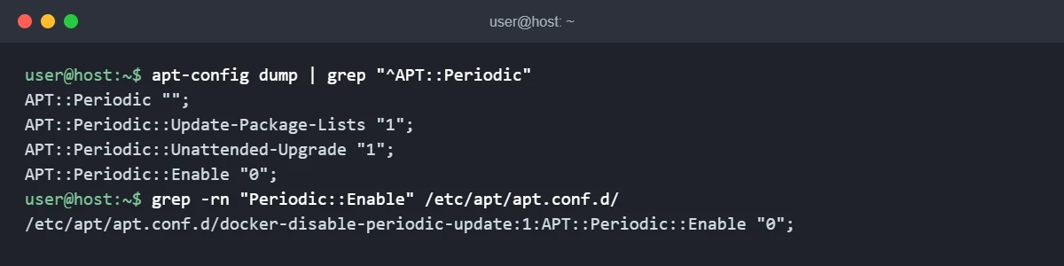 apt-config dump showing APT::Periodic::Enable "0" and grep locating the file that sets it, which stops the daily apt jobs