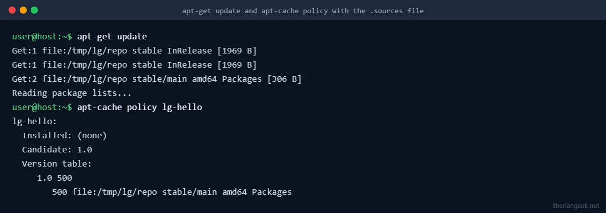 Terminal showing apt-get update fetching InRelease and Packages from a repository defined in a deb822 .sources file, then apt-cache policy showing candidate version 1.0