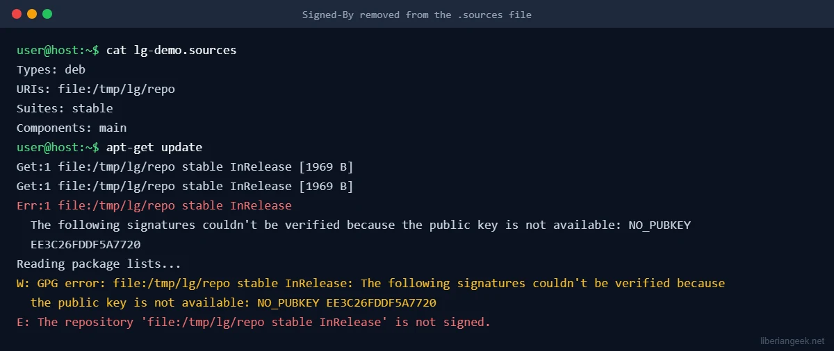 Terminal showing a .sources file without Signed-By and apt-get update failing with NO_PUBKEY and the error that the repository is not signed