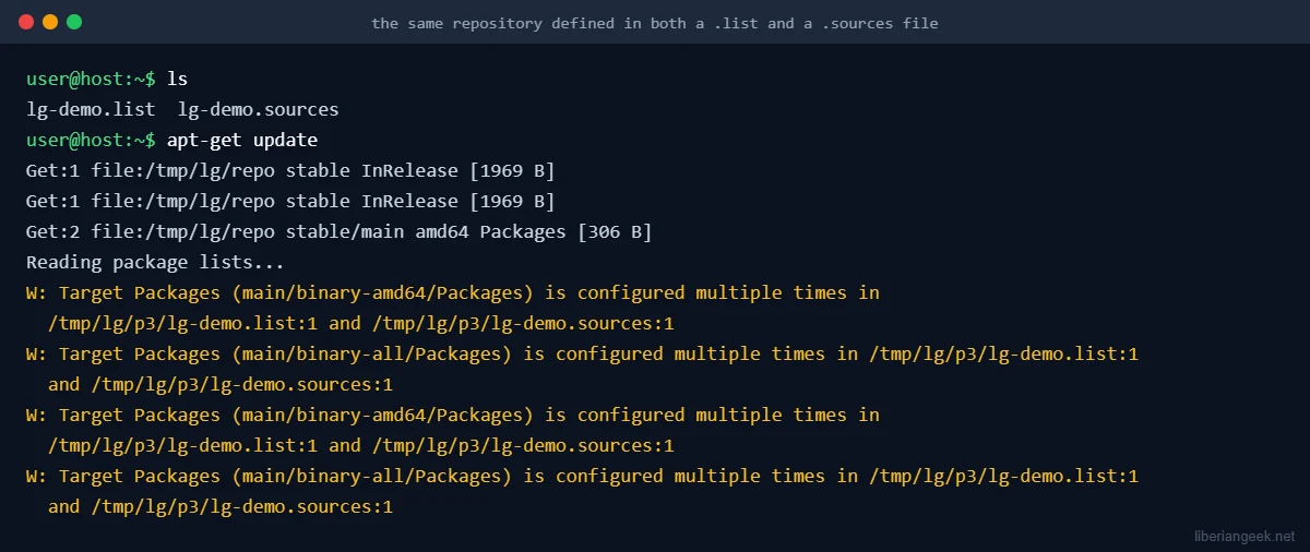 Terminal showing apt-get update warnings that Target Packages is configured multiple times in a .list file and a .sources file