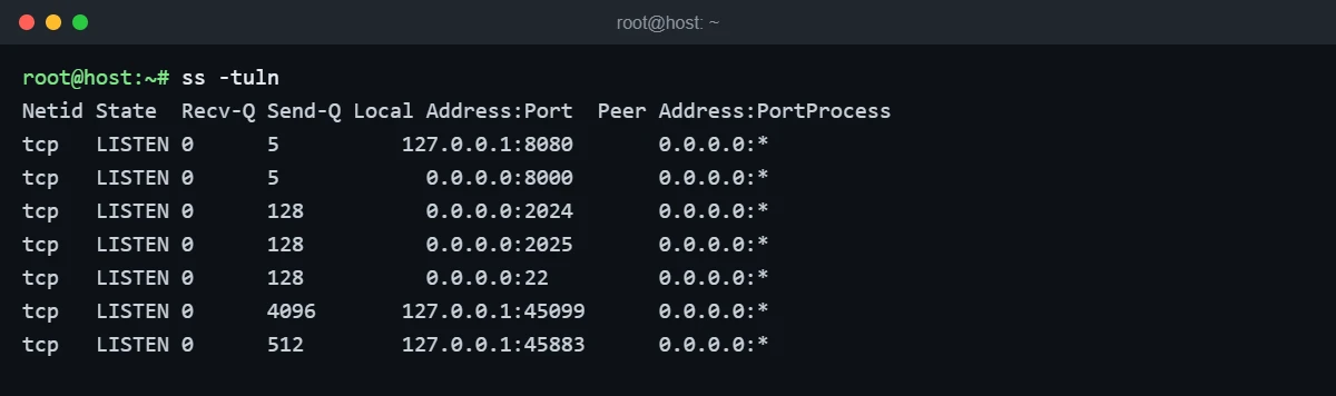 ss -tuln output listing listening TCP ports with 127.0.0.1 and 0.0.0.0 local addresses