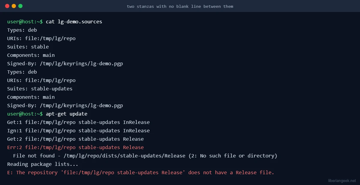 Terminal showing two deb822 stanzas without a blank line between them and apt-get update only trying the stable-updates suite and failing with does not have a Release file