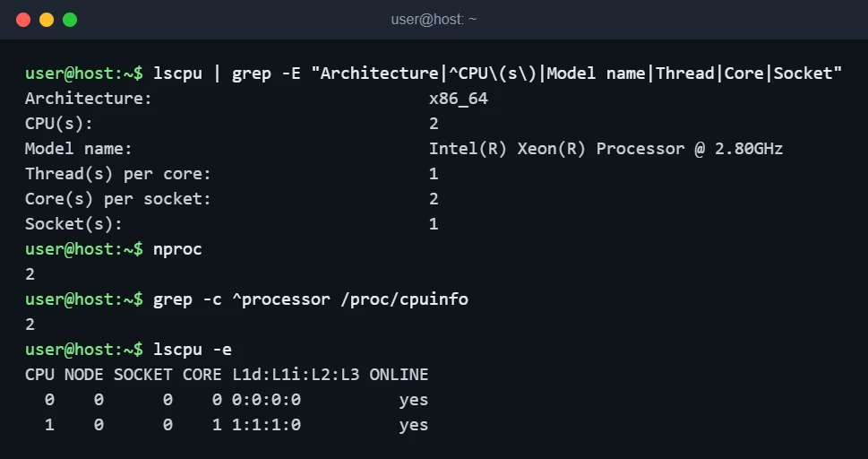lscpu, nproc and lscpu -e terminal output showing 2 CPUs, 2 cores per socket and one socket