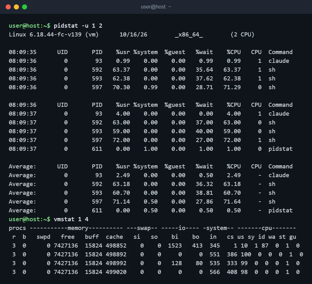 Terminal output of pidstat -u and vmstat showing per-process CPU and the us, sy, id, wa, st columns