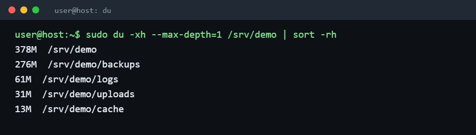 Terminal output of du -xh --max-depth=1 sorted by size listing the largest directories