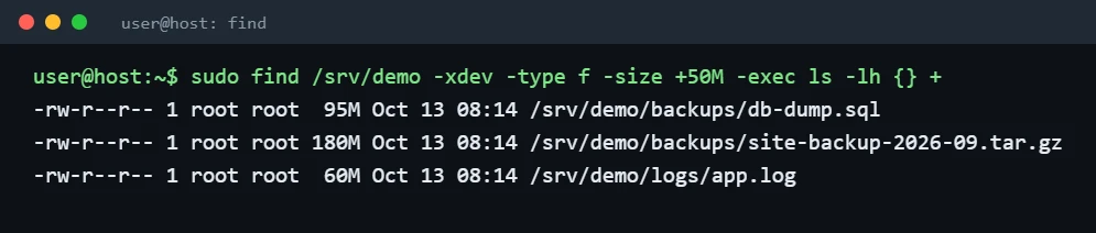 Terminal output of find with -size +50M listing files larger than 50 MB