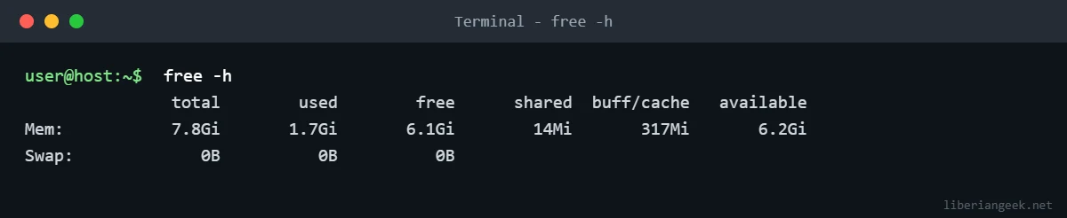 Terminal output of free -h showing total, used, free, shared, buff/cache and available memory with no swap