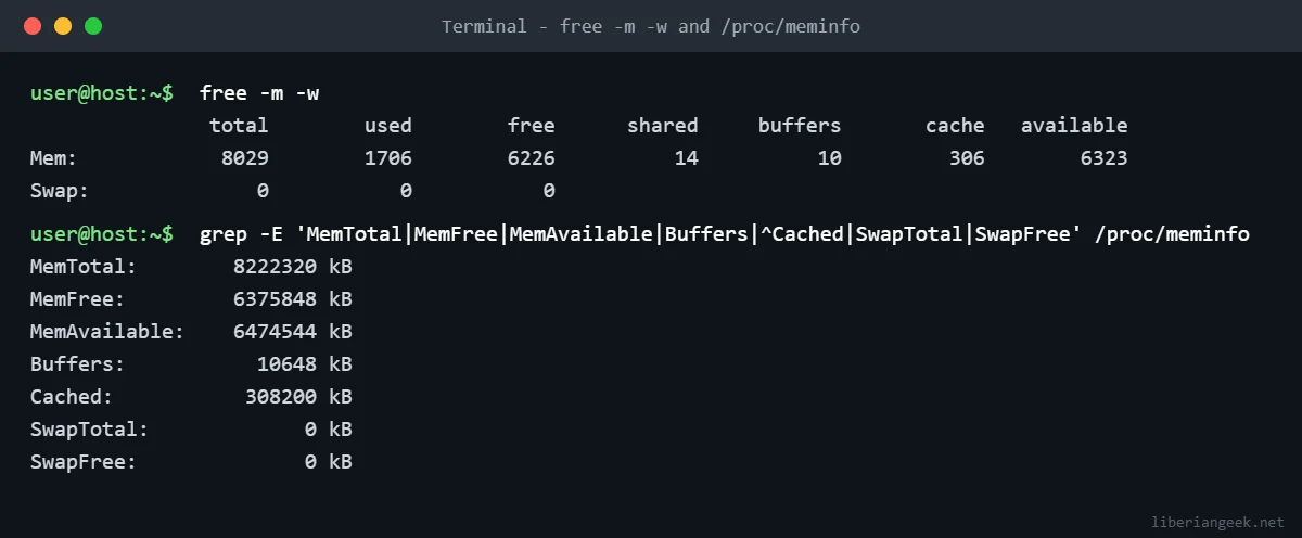 Terminal output of free -m -w and a grep of /proc/meminfo showing MemTotal, MemFree, MemAvailable, Buffers and Cached