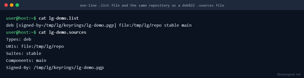 Terminal showing the same APT repository written as a one-line lg-demo.list entry and as a deb822 lg-demo.sources file with Types, URIs, Suites, Components and Signed-By fields