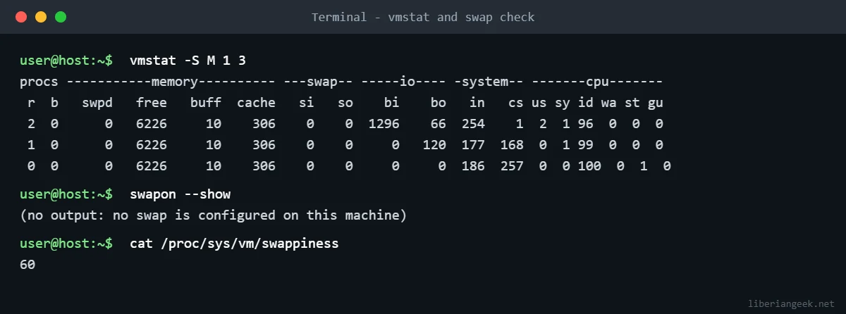 Terminal output of vmstat -S M 1 3, swapon --show with no output and vm.swappiness value 60