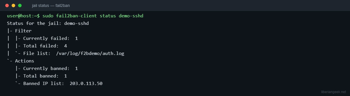 Terminal showing fail2ban-client status for a jail with 1 currently banned address, 4 total failed attempts and the banned IP list