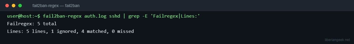 Terminal showing fail2ban-regex testing the sshd filter against a sample log: 5 lines, 1 ignored, 4 matched, 0 missed