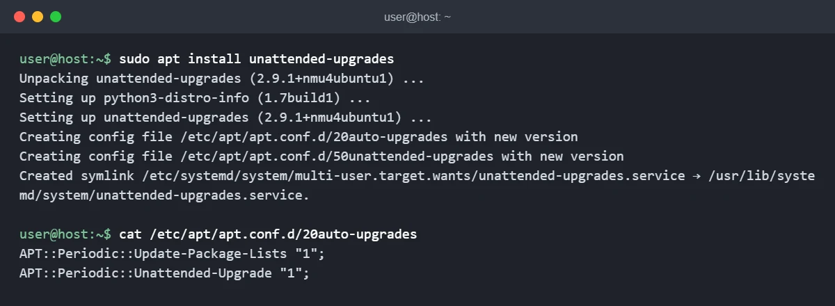 Terminal output of sudo apt install unattended-upgrades creating 20auto-upgrades and 50unattended-upgrades, then cat of 20auto-upgrades showing both APT::Periodic values set to 1