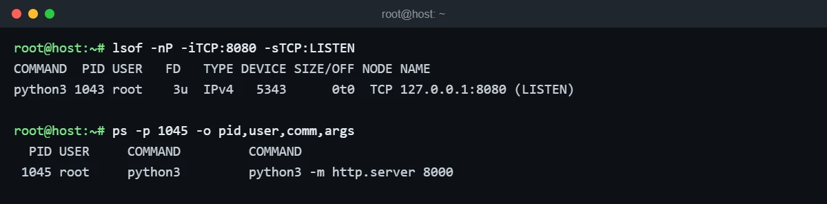 lsof -iTCP:8080 -sTCP:LISTEN and ps output identifying the program that listens on a port
