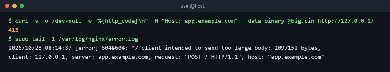 Terminal showing a 2 MB POST rejected by nginx with HTTP 413 and the client intended to send too large body error log line