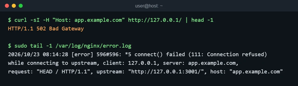 Terminal showing nginx returning 502 Bad Gateway and the error log line connect() failed 111 Connection refused to upstream port 3001