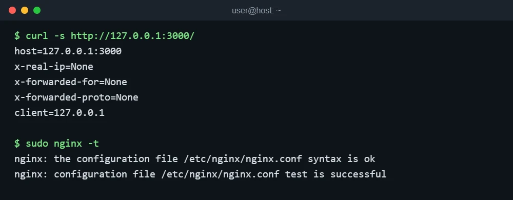 Terminal showing a backend app answering on 127.0.0.1:3000 and nginx -t reporting the configuration test is successful