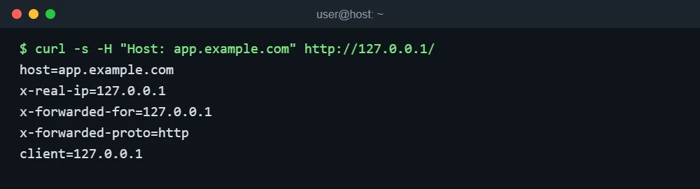 Terminal output showing the backend receiving Host app.example.com and X-Real-IP, X-Forwarded-For and X-Forwarded-Proto headers through nginx