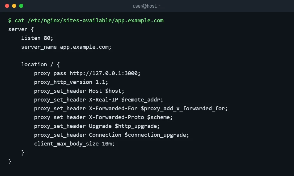 Terminal showing the complete nginx server block with proxy_pass, forwarded headers, WebSocket upgrade headers and client_max_body_size