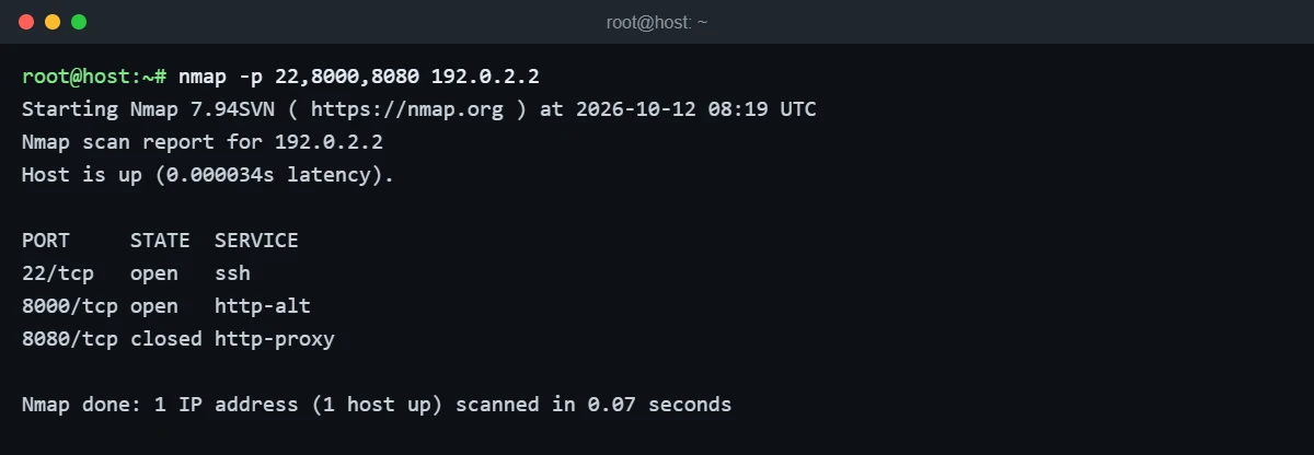 nmap scan from the network showing ports 22 and 8000 open and 8080 closed