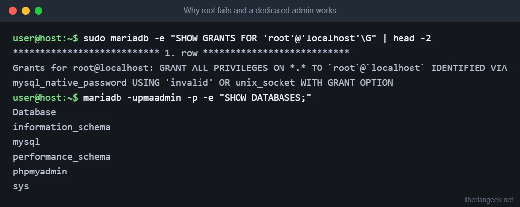 Terminal output showing the MariaDB root account using unix_socket authentication and a dedicated pmaadmin user listing databases