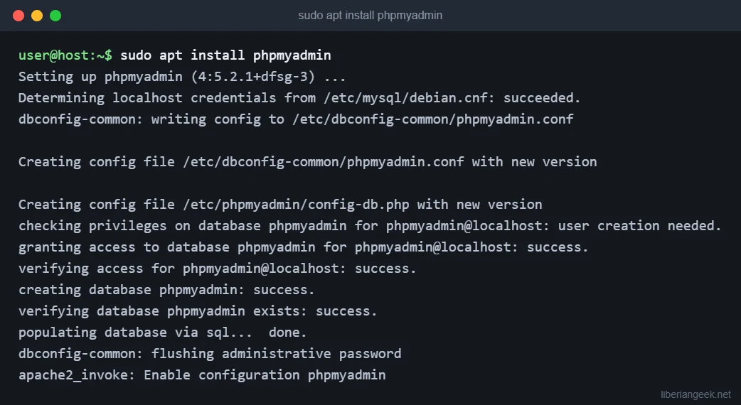 Terminal output of apt install phpmyadmin on Ubuntu 24.04 showing dbconfig-common creating the phpmyadmin database and enabling the Apache configuration