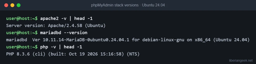 Terminal output showing Apache 2.4.58, MariaDB 10.11.14 and PHP 8.3.6 on Ubuntu 24.04 before installing phpMyAdmin