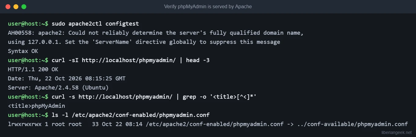 Terminal output with apache2ctl configtest Syntax OK, curl returning HTTP 200 for /phpmyadmin/ and the phpmyadmin.conf symlink in conf-enabled