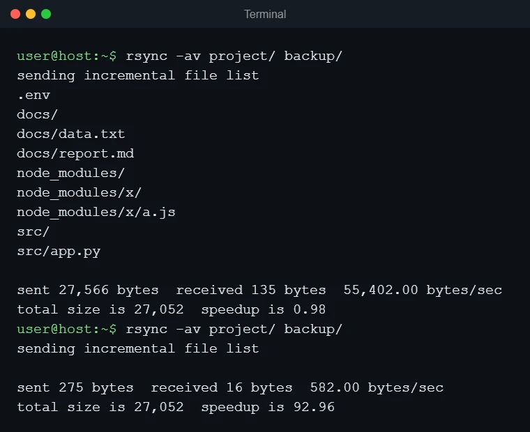 Terminal showing the first rsync -av backup run copying nine entries and a second identical run that transfers nothing
