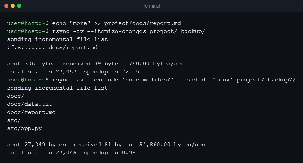 Terminal showing rsync --itemize-changes reporting only docs/report.md and rsync --exclude skipping node_modules and .env