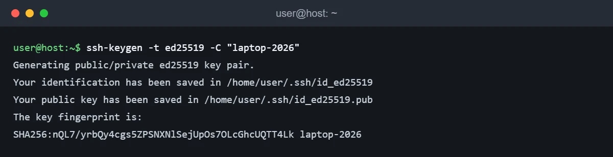 Terminal output of ssh-keygen -t ed25519 creating a key pair and printing its SHA256 fingerprint