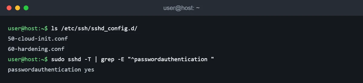 Terminal showing a 50-cloud-init.conf file that sets PasswordAuthentication yes overriding a later 60-hardening.conf, so sshd -T reports passwordauthentication yes