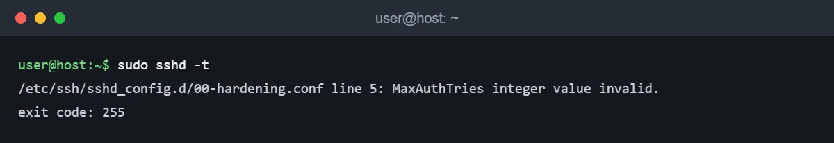 Terminal showing sshd -t reporting MaxAuthTries integer value invalid on line 5 and exit code 255