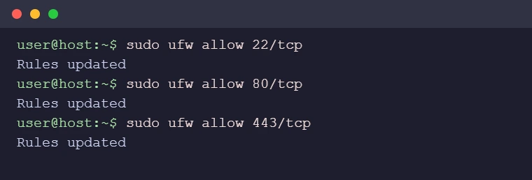 Terminal showing sudo ufw allow 22/tcp, 80/tcp and 443/tcp each returning Rules updated