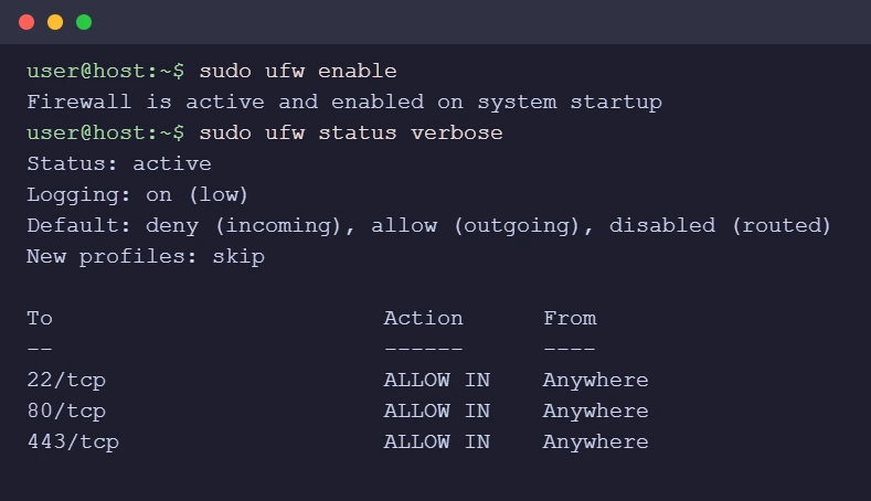 Terminal showing sudo ufw enable and sudo ufw status verbose listing 22, 80 and 443 TCP as ALLOW IN