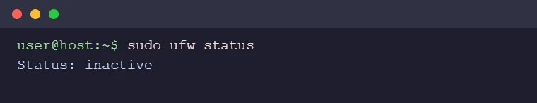 Terminal showing sudo ufw status returning Status: inactive on a fresh install
