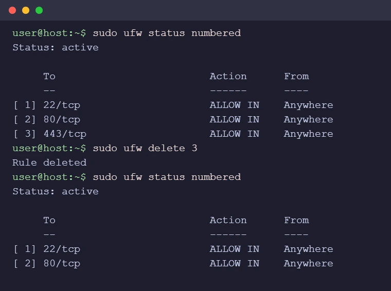 Terminal showing sudo ufw status numbered, deleting rule 3 with sudo ufw delete 3, and the updated list