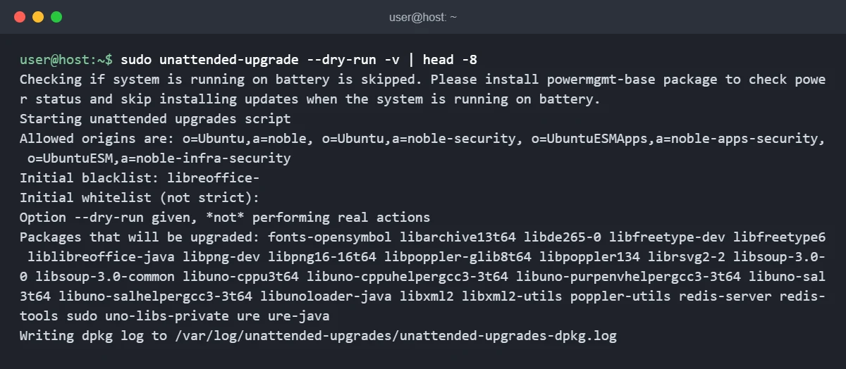 sudo unattended-upgrade --dry-run -v output showing allowed origins, the libreoffice- blacklist and the packages that would be upgraded