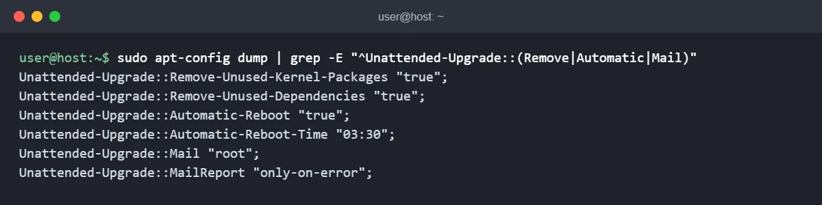 apt-config dump confirming the local drop-in settings: unused kernel and dependency removal, automatic reboot at 03:30, mail to root only on error