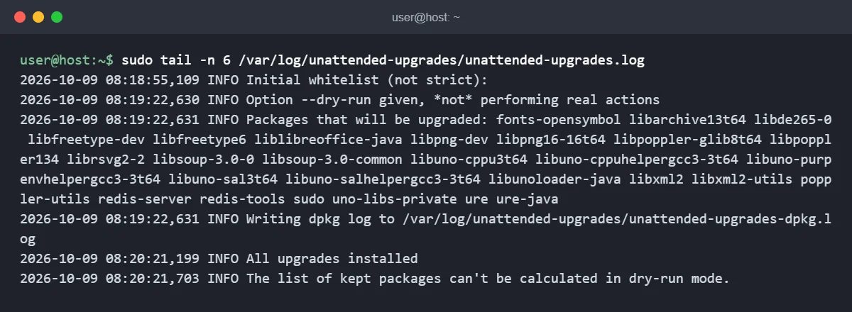 Last lines of /var/log/unattended-upgrades/unattended-upgrades.log after a dry run, ending with All upgrades installed